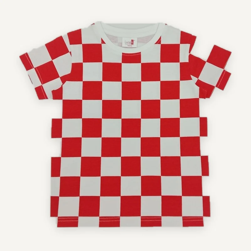 Red and white checkerboard T-shirt, front view.