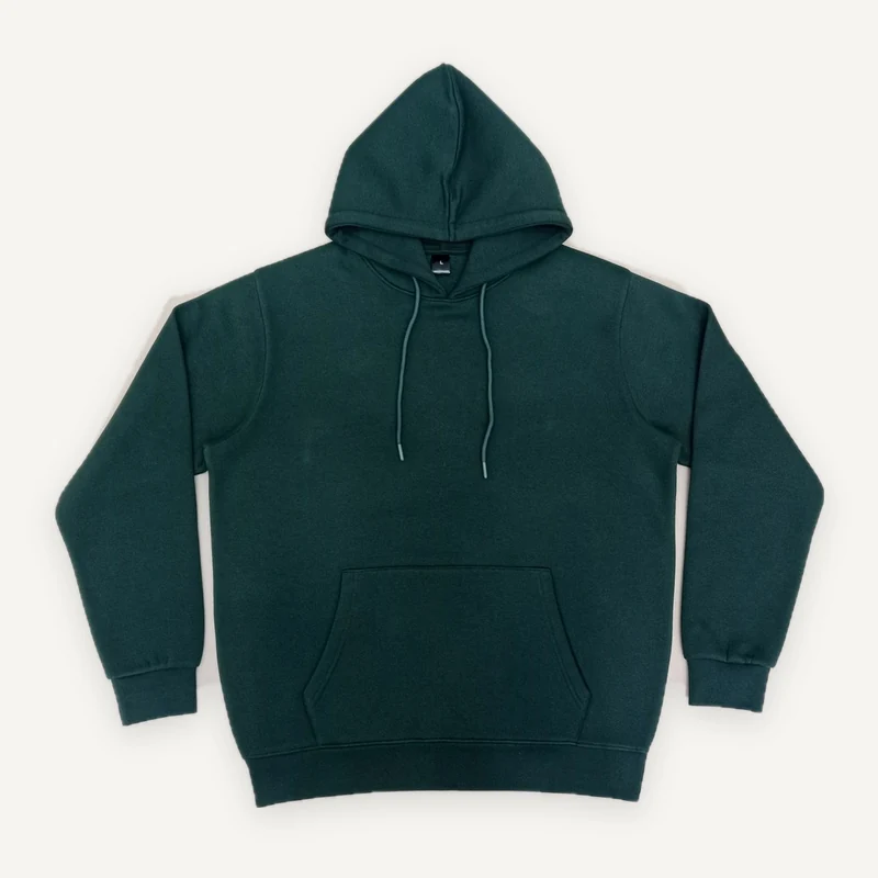 Green pullover hoodie, front view.