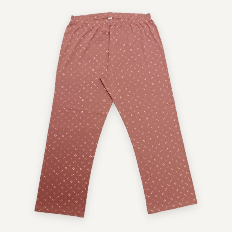 Coral-print pajama trousers, front view.