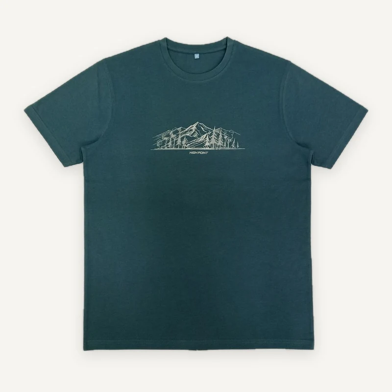 Teal graphic T-shirt, front view.