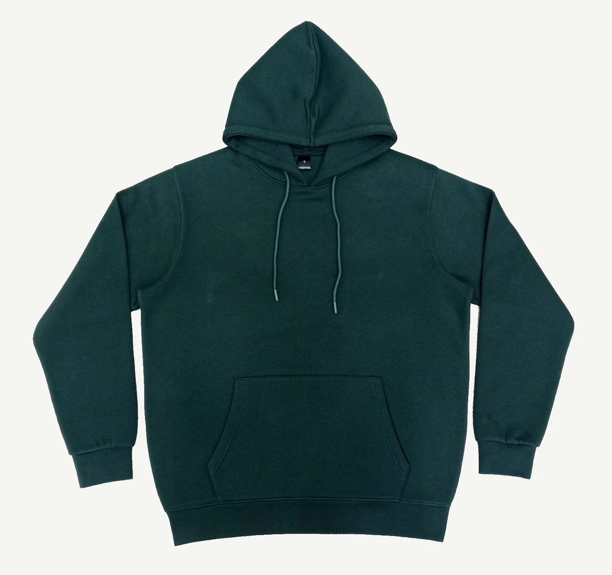 Green pullover hoodie, front view.