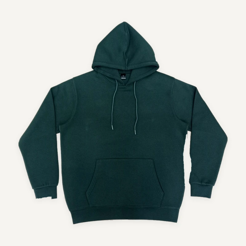 Green pullover hoodie, front view.