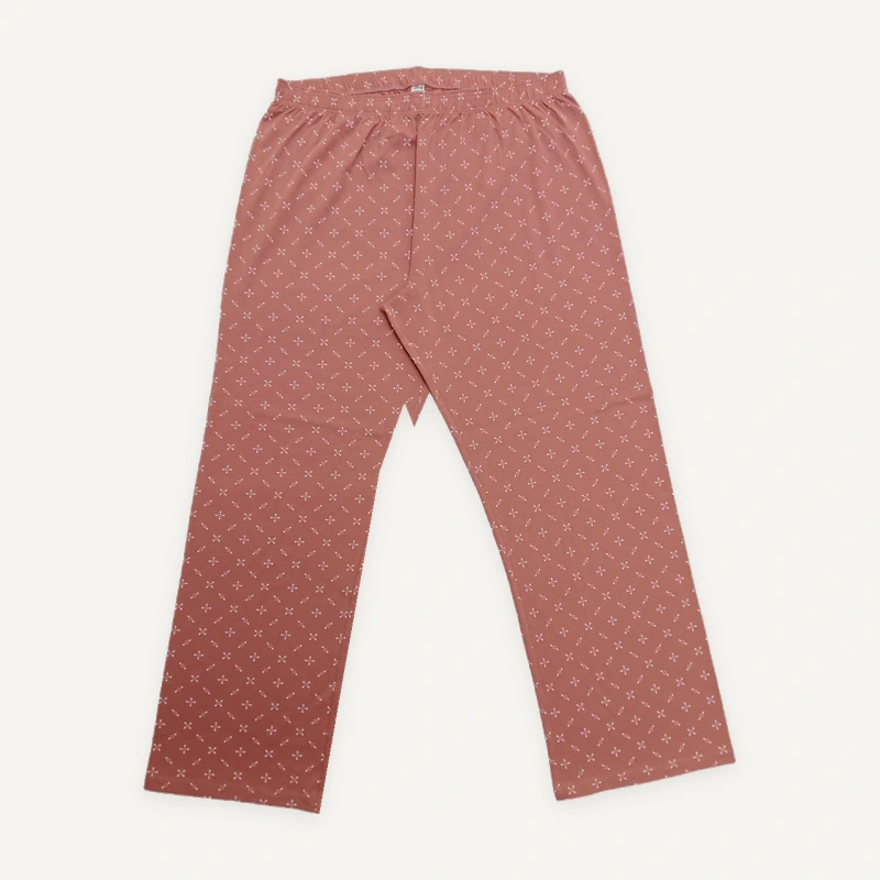 Coral-print pajama trousers, front view.