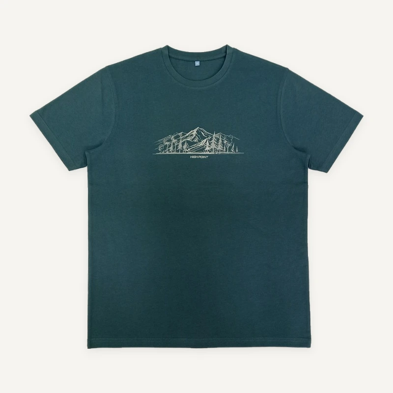 Teal graphic T-shirt, front view.