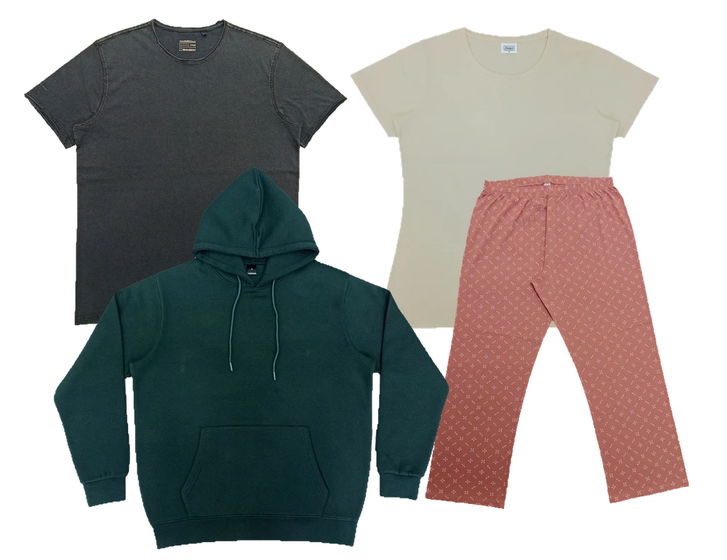 Charcoal and cream T-shirts, green pullover hoodie and coral-print lounge trousers.