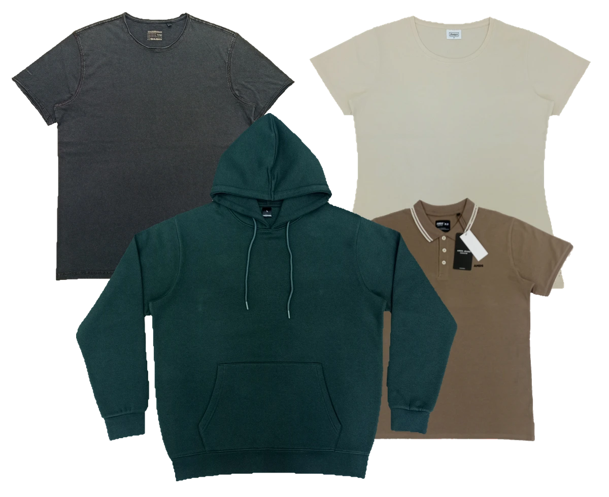 Charcoal and cream T-shirts, green pullover hoodie and taupe polo shirt.